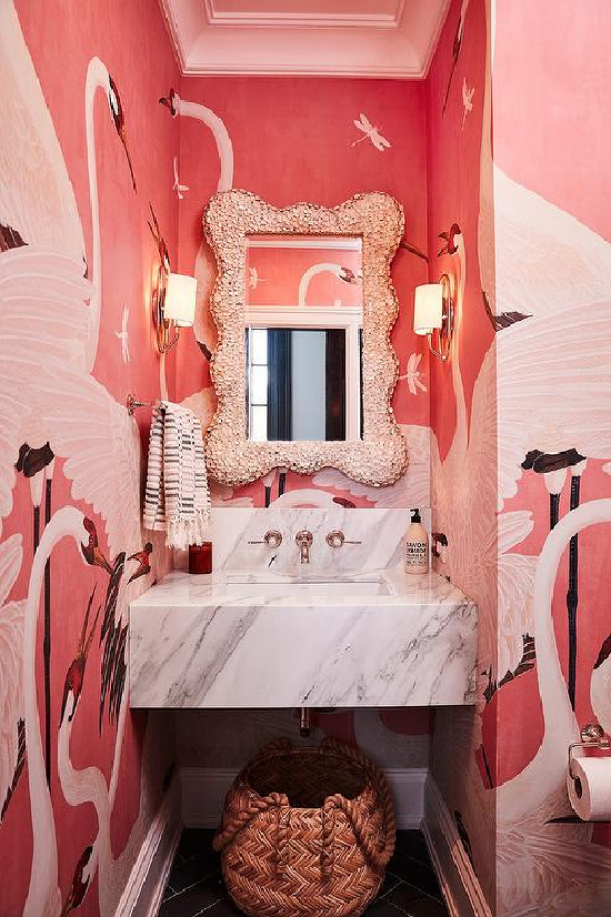pink-powder-room-wallpaper-with-seashell-mirror 