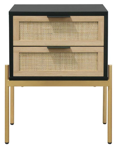 Black Rattan End or Side Table with Storage Doors and Gold Accents