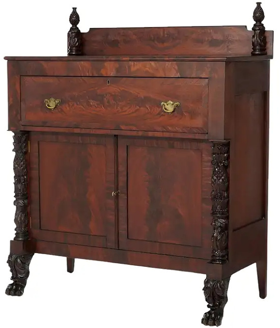 American Empire Neoclassical Carved Flame Mahogany Linen Press Sideboard c1840