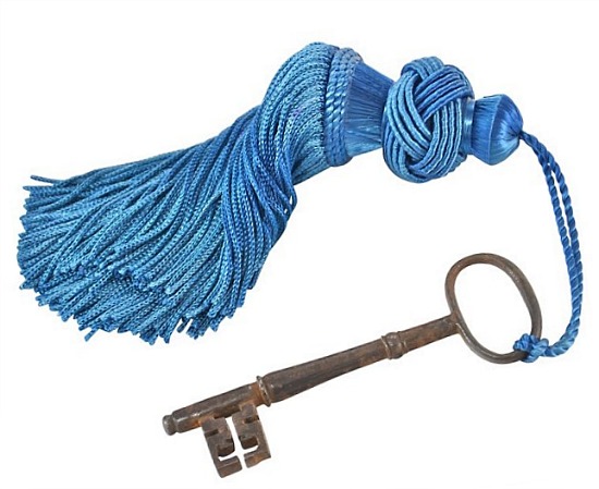 French Antique Key w Teal Tassel 1