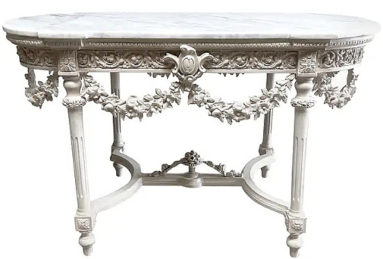 French Style Painted Center Table with Roses and Marble Top