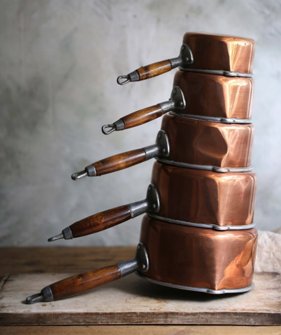 Set of 5 French Kitchen Copper Pans Saucepans Wooden Handles