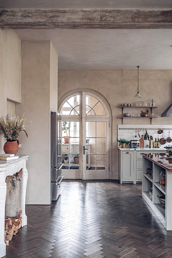 vintage-door-kitchen-herringbone-flooring-exposed-beams