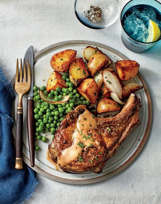 Fried Pork Chops with Peas and Potatoes Recipe