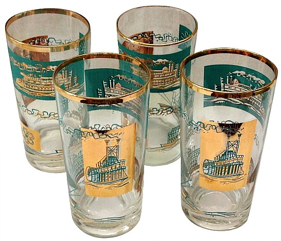 Libbey Southern Comfort Set of Four 22K Gold and Aqua Riverboat Highball Tumblers circa 1968