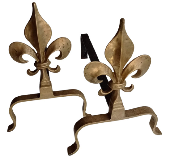 French vintage gilded bronze and wrought iron andirons