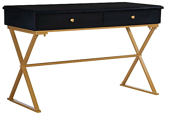 Rectangular BlackGold 2 Drawer Writing Desk with Built-In Storage