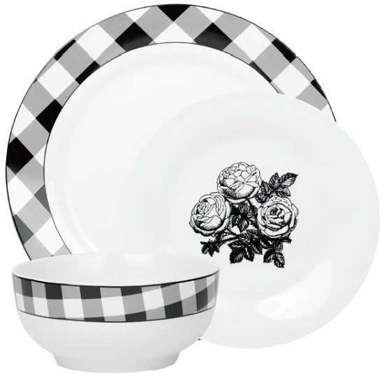 12-Piece Damier White and Black Porcelain Dinnerware Set (Service for 4)
