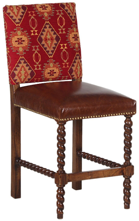 Barley Twist Bar Stool with Back - Navajo Red - Camel Color Leather Seat