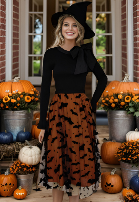 Velvet Bats Mesh Tulle Midi Skirt in Pumpkin1