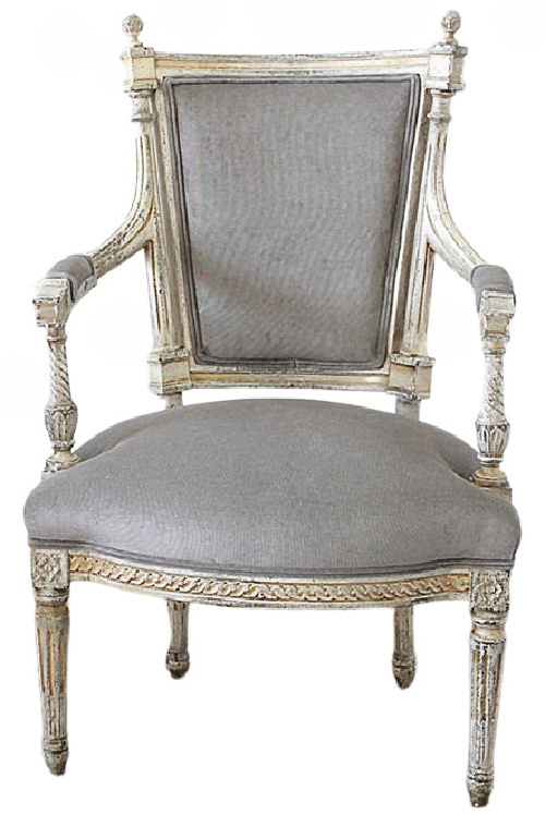 19th Century Pair of Painted and Upholstered Louis XVI Style Open Arm Fauteuils