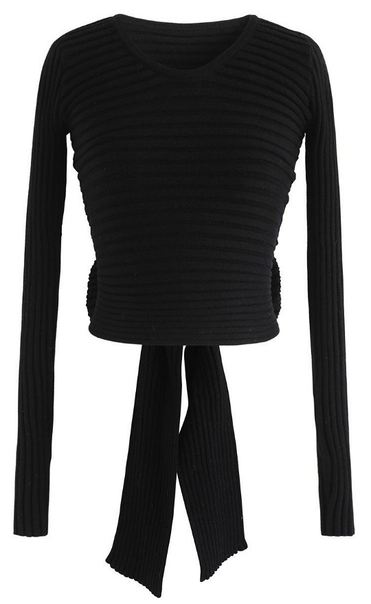 Bowknot Back Crop Ribbed Knit Top in Black