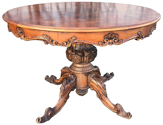 Italian Baroque Revival Carved Wood Round Dining Table