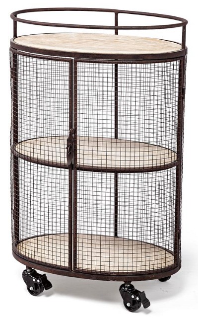 Saluti II Black Metal Frame Cage with 3-Wood Shelves Oval Bar Cart