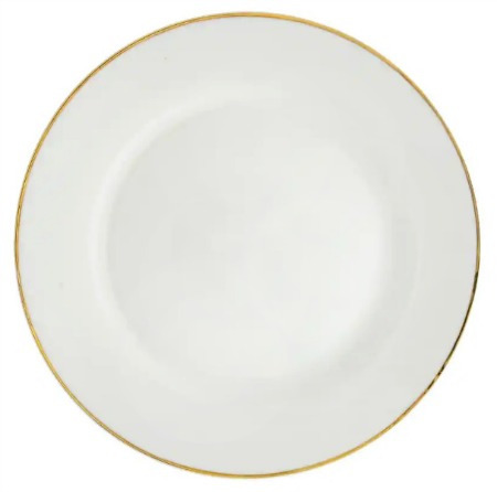 White Stoneware Plates with Gold Rims, 8 in.