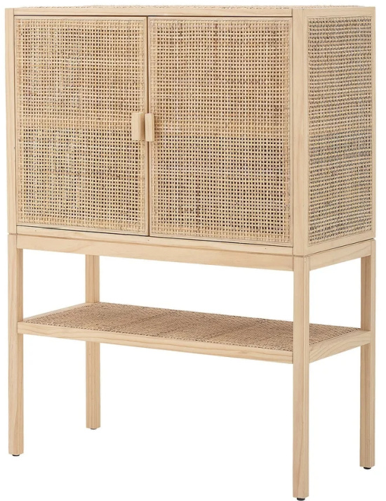 Woven Rattan & Pine Wood Cabinet with 3 Shelves & 2 Doors