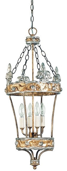 Unique 4 Light Hand Painted Crown Foyer Pendant in Gold and Silver