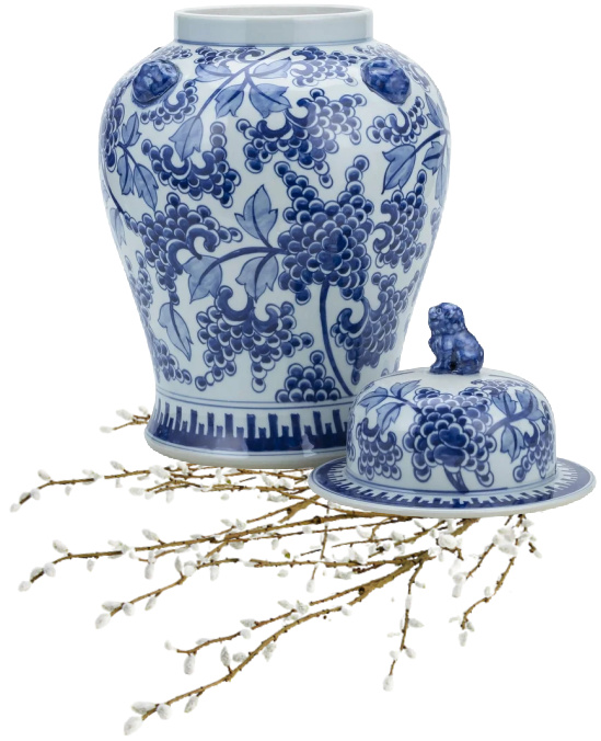 Blue & White Peony Temple Jar With Lion Handles