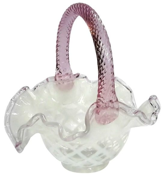 Signed Fenton Opalescent Basket With Pink Handle