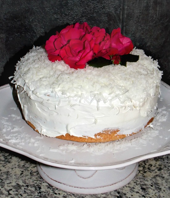 coconut cake with rose topper