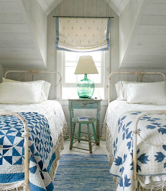 blue and white cottage bedroom