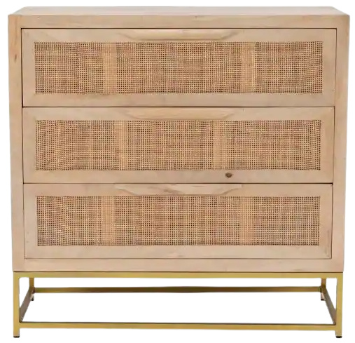 3-Drawers Bilson Natural with Gold Base Rattan Cabinet