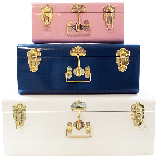 Assorted Colors Trunks Set of 3 Vintage Style Storage w/ Gold Handles & Locks