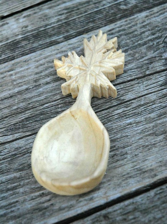 Hand Carved White Oak Wood Snowflake Spoon