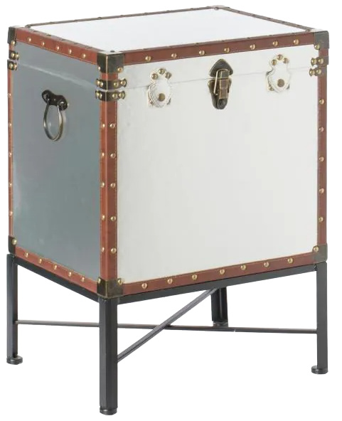 Silver Trimmed Faux Leather Lockable Square Lined Storage Trunk, End Table on Metal Stand
