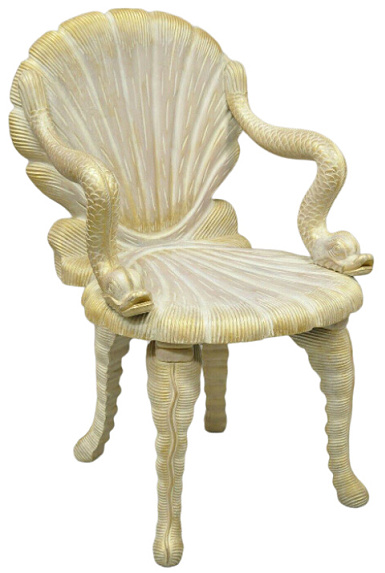 Vintage Italian Carved Wood Grotto Chair Clam Sea Shell and Full Dolphin Arms
