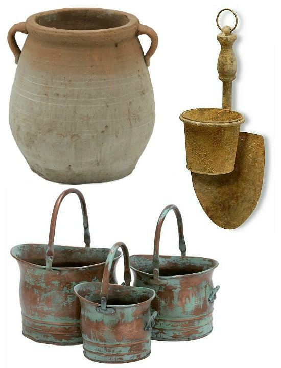 Distressed Copper and Verdigris Metal Round Drum Planters with Handle