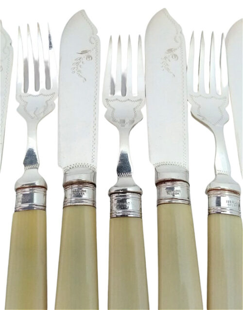 Vintage Set of 12 EPNS silver plated fish eaters - knife & fork fish cutlery with sterling silver ferruels 