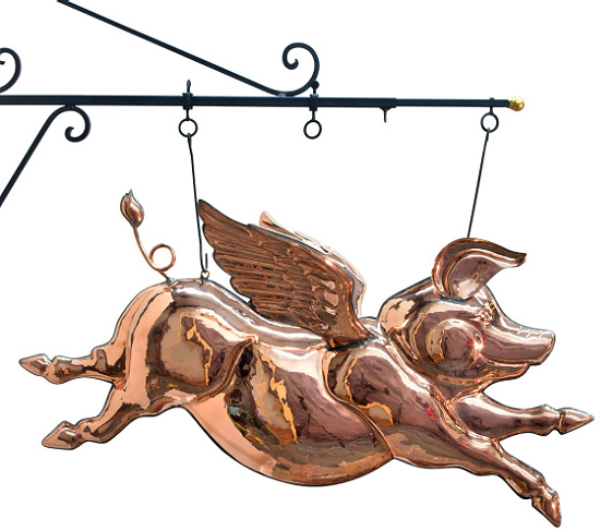 Winged Old Style Copper PIG Trade Sign Figure Angel Barbeque Pork Flying