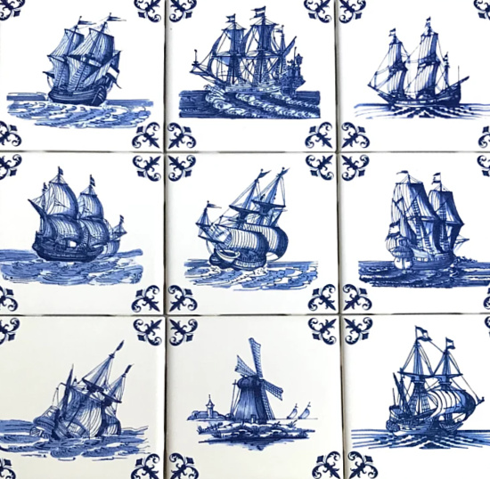 Ceramic Blue Nautical Delft Design Ship Windmill Set of 9