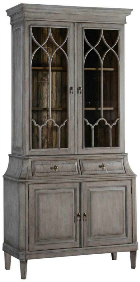 China Cabinet Rosalind Classic Greige Solid Wood 2 Fretwork Doors