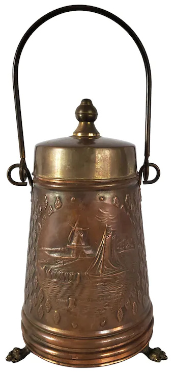 Copper Brass Colonial Windmill Sailboat Covered Bucket Coal Ash Fireplace