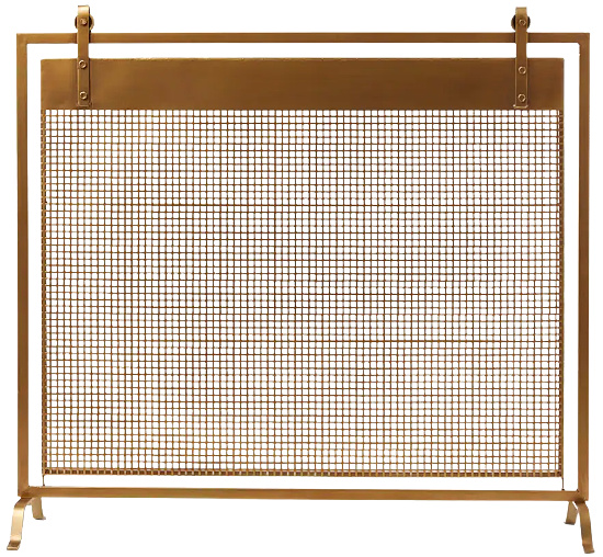 Copper Metal Suspended Grid Style Netting Single Panel Fireplace Screen with Bolted Detailing