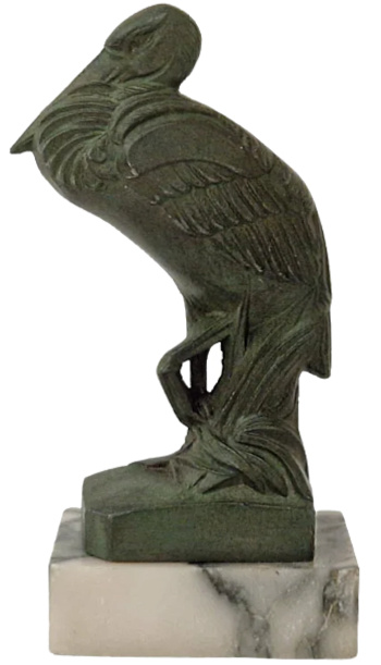 French Art Deco Heron Figurine on Marble Base, Verdigris Metal Bird Statuette