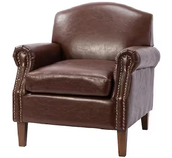 Gianluigi Brown Vegan Leather Armchair with Rolled Arms and Nailhead Trim