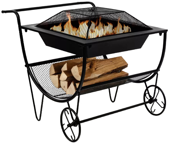 Tangkula 21.5 Fire Pit & Firewood Log Rack Outdoor Square Firepit & Firewood Holder with Spark Screen Rolling Wheels