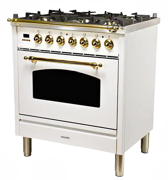 Single Oven Dual Fuel Italian Range with True Convection, 5 Burners, Brass Trim in White