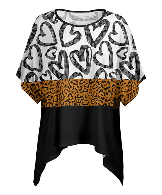 Black Leopard Heart Dolman-Sleeve Sidetail Tunic - Women & Plus