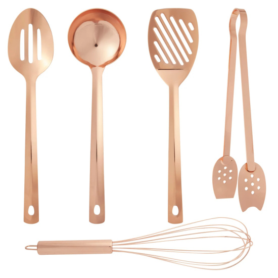 Rose Gold Cookware with Ladle, Whisk, Tongs, Slotted Spatula, Spoon