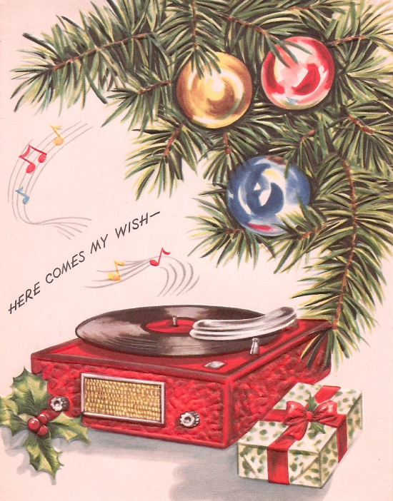 Vintage turntable vinyl record player Christmas tree card digital download printable image