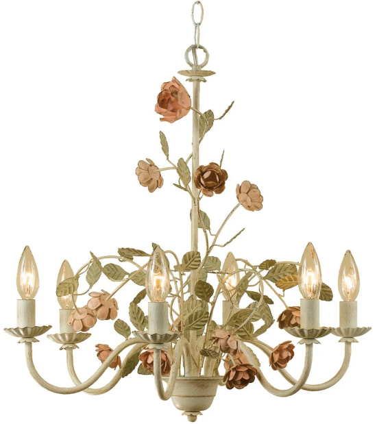 Ramblin Rose 6-Light Chandelier for Hardwire or Plug-In Swag Installation, Antique Cream Finish w/Hand-Painted Roses