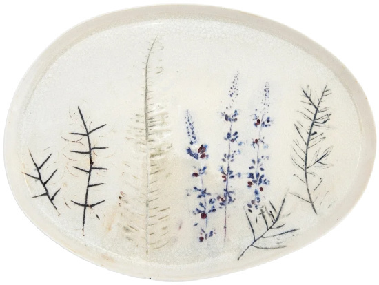 Oval Debossed Floral Stoneware Platter with Reactive Crackle Glaze Finish