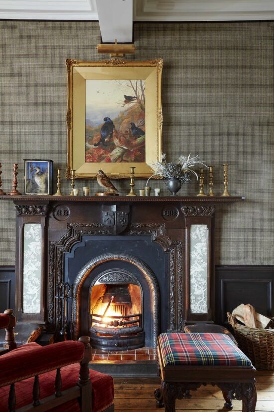 Upholstered-tweed-walls-fireplace