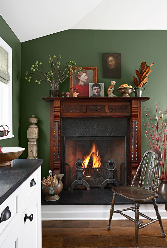 fireplace-kitchen-green-walls