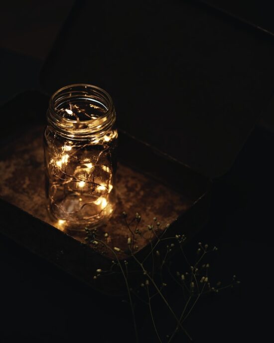 string-fairy-lights-in jar-at-night
