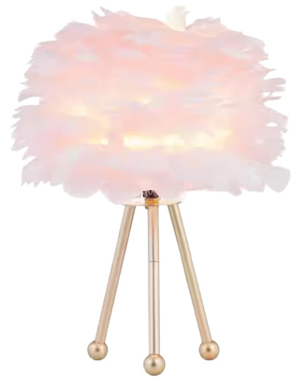Gold Tripod Table Lamp with Pink Feather